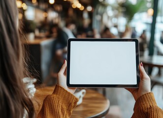 Woman holding digital tablet with blank screen in coffee shop