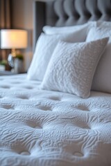 Poster - Luxurious Bedding with White Pillows and Quilted Pattern Creates a Serene and Inviting Bedroom Interior for Relaxation and Comfort