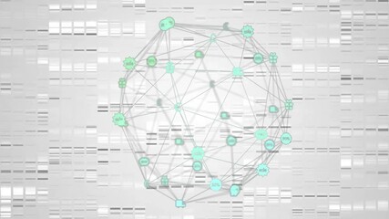 Poster - Network of connections and data processing animation over DNA sequencing background