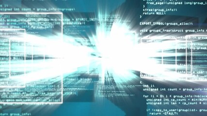 Poster - bright light burst with programming code and data processing animation