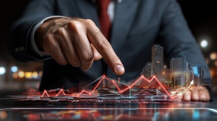 Poster - In a bustling city at night, a business professional examines digital market trends through interactive graphs and visual data displayed on a screen, highlighting growth and insights