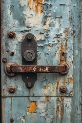 Poster - close up of an old weathered metal door with peeling paint and rusty handle evoking a sense of decay