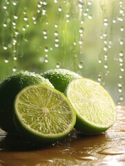 Poster - Fresh lime halves on wooden surface with water droplets creating refreshing and vibrant atmosphere