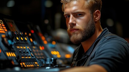 Poster - focused control room operator with a beard is engaged at his workstation, monitoring equipment with various buttons and screens. setting highlights the intensity of a late evening shift