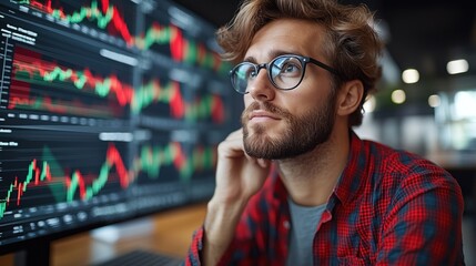 Poster - trader intently examines stock market trends, surrounded by large screens filled with colorful charts showing price movements