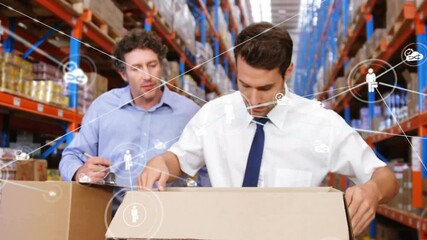 Poster - Inspecting boxes, warehouse workers using digital network animation connections