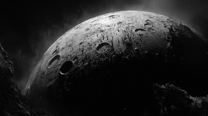 Wall Mural - Dramatic black and white close up of a moon surface with craters and rocky terrain in a space environment artistic shot