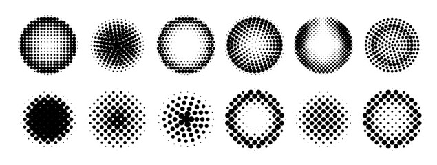 Poster - Abstract simple flat black and white halftone circles collection. Black round halftone dot background set. Vector halftone gradient shape element pattern for presentation, banner, comic book design.