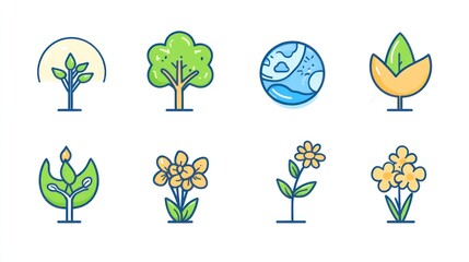 Nature icons trees, flowers, and Earth; environmental graphic design; website or app