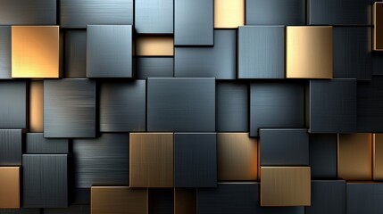 Poster - Three dimensional pyramid structure of metallic cubes showcases glossy black and gold accents. Soft lighting enhances reflections and shadows creating depth and dimension.