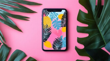 Close-up of Smartphone with Abstract Screen surrounded by Tropical Palm Leaves. Space for text.