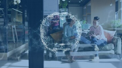 Poster - Digital network animation over diverse people collaborating in modern office space