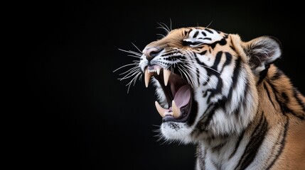 Poster - close-up of tiger open jaw in low-key setting with teeth glinting under focused beam of light