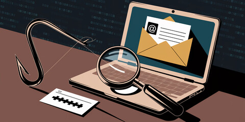 Fototapete - Laptop displaying email, magnified by a lens, with a fishing hook nearby symbolizing phishing and online scams, illustrating internet security threats