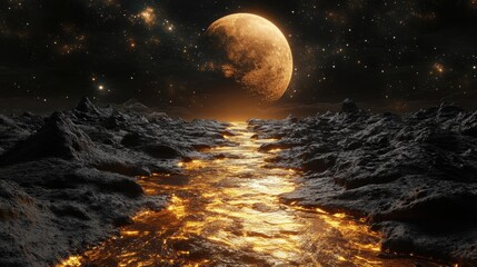 Poster - Ethereal lunar landscape with molten river under starry night sky evoking fantasy and cosmic wonder creating a sense of otherworldly beauty and tranquility