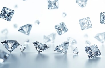 Poster - Flying diamonds sparkle against white background. Precious gems hover in air. Luxury jewelry concept, wealth, elegant. Expensive gift, engagement. Beautiful shining precious stones.