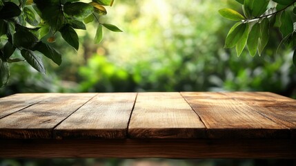 Poster - Rustic wooden table surface with lush green foliage backdrop creating a serene natural ambiance for product display and nature photography