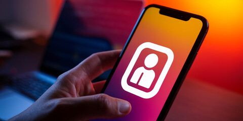 Poster - Hand holding smartphone displaying profile icon on colorful screen, representing online identity, social media, or digital profile management