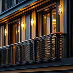 Poster - Modern building facade with illuminated sconces and wrought iron balcony railing at twilight hour
