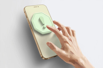 Poster - Hand interacts with a pale green notification icon on a beige smartphone, illustrating digital interaction and alerts, showcasing a modern technological concept