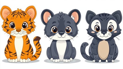 Naklejka na meble A menagerie of exotic creatures: a playful kangaroo, a majestic tiger, a languid sloth, and a graceful bat, all rendered in simple, thick lines ideal for kids' coloring books or vectorized illustratio