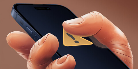 Poster - Close-up illustration of a hand interacting with a smartphone displaying a warning alert, showcasing digital interaction and potential problems.  Symbolizes online security or troubleshooting