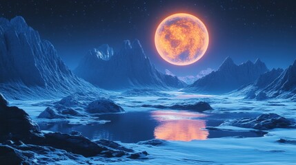 Wall Mural - Ethereal orange moon illuminates a serene blue alien landscape with majestic mountains and tranquil water reflection creating a cosmic and dreamlike atmosphere