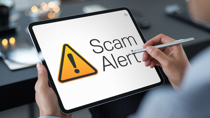 Leinwandbilder - Tablet displaying a scam alert warning, featuring a yellow triangle with an exclamation mark, symbolizing online security risk and fraud prevention