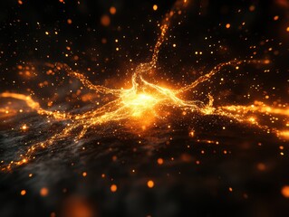 Poster - Abstract golden energy flow on dark background with glowing particles and dynamic light trails