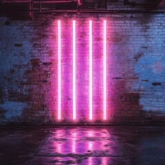 Poster - Captivating neon pink light installation against a weathered brick wall creating a vibrant and modern aesthetic with a reflective floor
