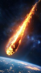 Poster - Fiery Asteroid Plunging Through the Atmosphere Towards Earth in a Dramatic Space Scene with Stars and Glowing Planet Surface