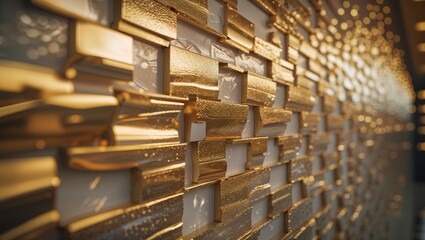 Poster - Modern decorative wall featuring intricate gold design elements illuminated by warm lighting