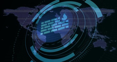 Poster - Animation of digital firewall icon over world map with binary code patterns
