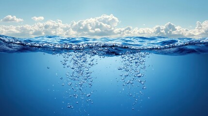 Poster - Serene underwater vista with cascading bubbles and tranquil blue tones reflecting a peaceful aquatic atmosphere against a bright sky