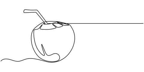 Continuous one line drawing of Beach cocktail linear coconut drink. Thin hand drawn illustration. Pina colada cocktail, Continuous one line drawing whole and sliced healthy sweet organic coconut.