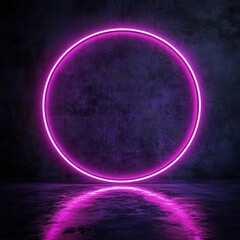 Poster - Luminous purple circle on dark concrete wall and floor casting reflection modern abstract design