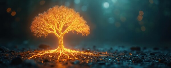 Poster - Digital illustration shows glowing tree with illuminated roots, branches. Mystical fantasy art with dark abstract background. Perfect for technology, innovation, sci-fi concepts. Artistic design,