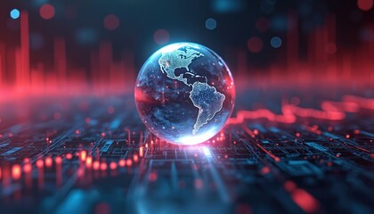 Aufkleber - Illustration of crystal Earth on a stock market graph. Global economy, finance, investment concepts. Worldwide business, digital tech, futuristic design with red, blue colors, data chart background.