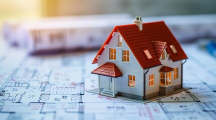 Poster - 3d rendering project of new building model house on blueprint plan