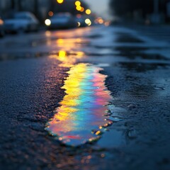 Poster - Iridescent reflection on wet asphalt road at dusk with blurred city lights creating a moody ambiance