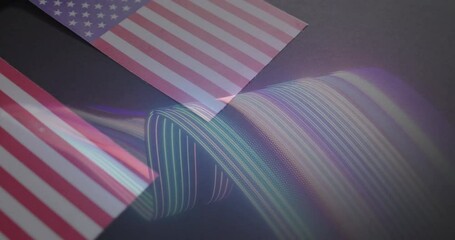 Poster - Colorful light trails creating dynamic animation with American flags in background