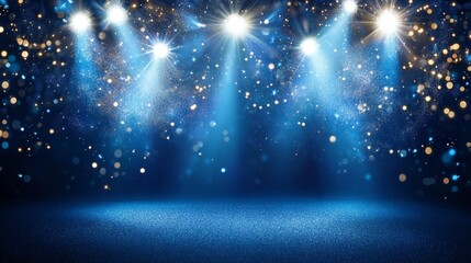 Wall Mural - An illuminated stage with scenic lights and smoke is the backdrop for a blue modern spotlight with a smoke volume light effect on a black background, along with a stadium cloudiness projector and a