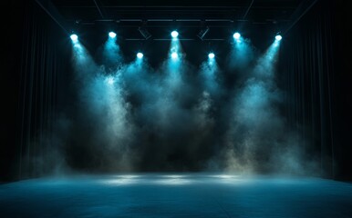 Wall Mural - The combination of scenic lights, smoke, and a blue spotlight with a smoke volume light effect on a black background creates an illuminated stage, similar to the visuals produced by a stadium