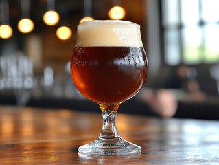 Poster - Captivating close up of a craft beer in a tulip glass on a wooden bar counter with blurred lights