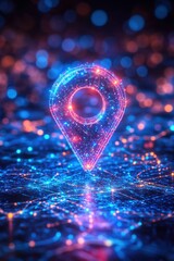 Poster - Luminous location pin on digital network with vibrant blue and orange bokeh lights creating a futuristic and modern atmosphere for navigation and technology