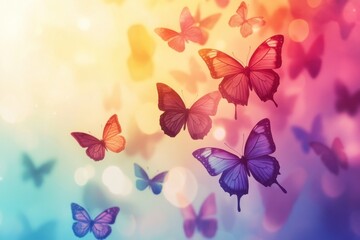 Poster - Ethereal butterflies fluttering in a vibrant colorful dreamscape with bokeh lights and soft pastel hues creating a magical and enchanting atmosphere