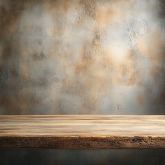 Poster - Rustic wooden table against a textured beige and gray wall creating a vintage and inviting atmosphere perfect for product mockups and displays