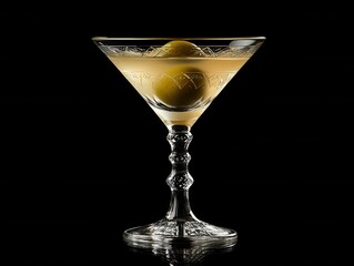 Poster - Elegant martini with olive garnish in crystal glass against dark backdrop for classic cocktail hour
