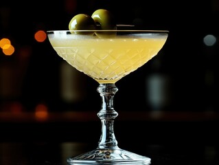 Poster - Elegant cocktail in crystal glass with olive garnish against dark background for sophisticated taste