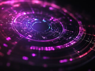 Poster - Futuristic technology interface with glowing purple and pink circular design on a dark background creating a digital and modern aesthetic